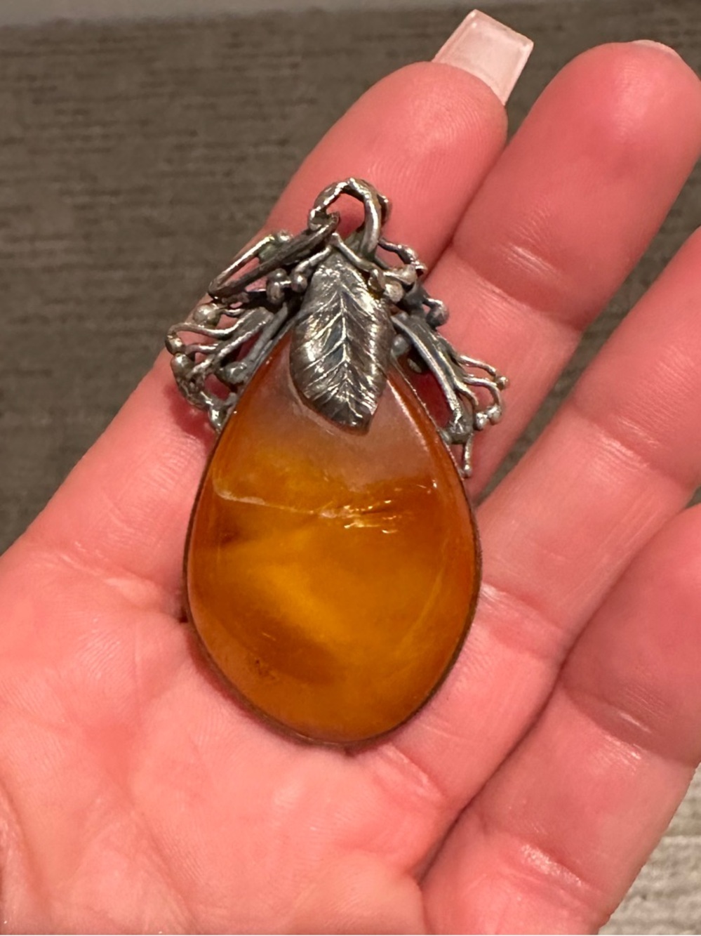 Teardrop Amber Pendant Necklace with Leaf Accent - Amber